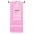 thumbnail image 1 of Custom Embroidered Terry Cotton Ring Spun Bath Towel, Hand Towel And Washcloth Set - Pink Towel Set, Gold Chancery Initial C, 1 of 1