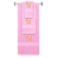 thumbnail image 1 of Custom Embroidered Terry Cotton Ring Spun Bath Towel, Hand Towel And Washcloth Set - Pink Towel Set, Gold Fancy Script Initial U, 1 of 1