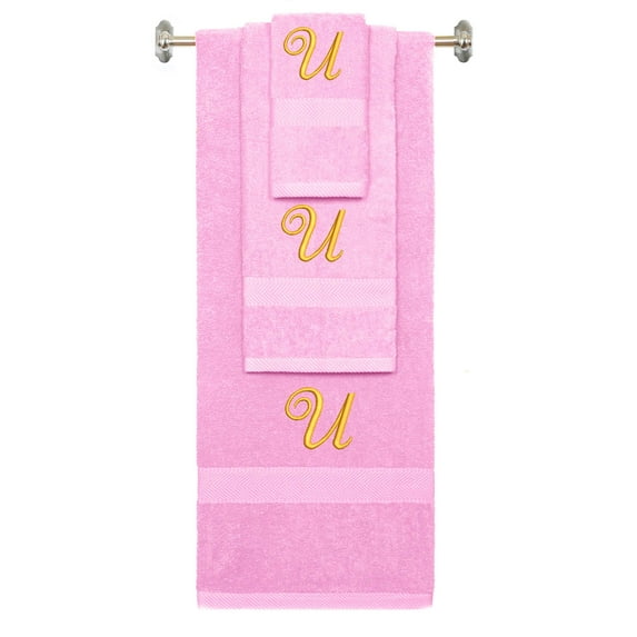 Custom Embroidered Terry Cotton Ring Spun Bath Towel, Hand Towel And Washcloth Set - Pink Towel Set, Gold Fancy Script Initial U