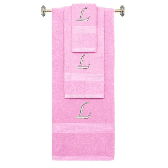 Custom Embroidered Terry Cotton Ring Spun Bath Towel, Hand Towel And Washcloth Set - Pink Towel Set, Silver Chancery Initial L