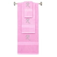 thumbnail image 1 of Custom Embroidered Terry Cotton Ring Spun Bath Towel, Hand Towel And Washcloth Set - Pink Towel Set, Silver Chancery Initial R, 1 of 1
