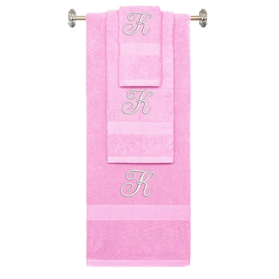 Custom Embroidered Terry Cotton Ring Spun Bath Towel, Hand Towel And Washcloth Set - Pink Towel Set, White Fancy Script Initial K