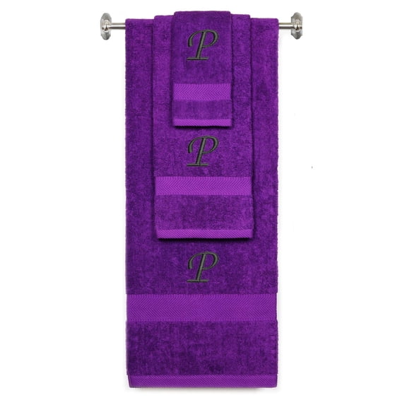 Custom Embroidered Terry Cotton Ring Spun Bath Towel, Hand Towel And Washcloth Set - Purple Towel Set, Black Chancery Initial P