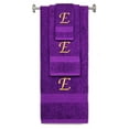 thumbnail image 1 of Custom Embroidered Terry Cotton Ring Spun Bath Towel, Hand Towel And Washcloth Set - Purple Towel Set, Gold Chancery Initial E, 1 of 1
