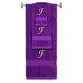 thumbnail image 1 of Custom Embroidered Terry Cotton Ring Spun Bath Towel, Hand Towel And Washcloth Set - Purple Towel Set, Gold Chancery Initial F, 1 of 1