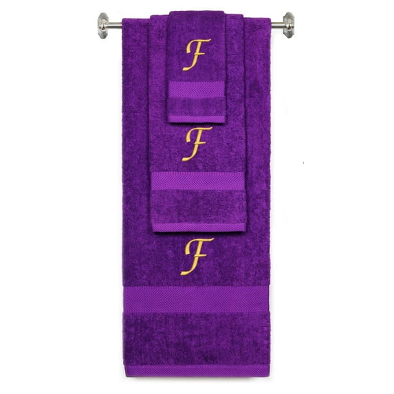 Custom Embroidered Terry Cotton Ring Spun Bath Towel, Hand Towel And Washcloth Set - Purple Towel Set, Gold Chancery Initial F