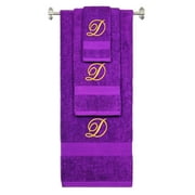 Personalized Embroidered Terry Cotton Ring Spun Bath Towel, Hand Towel And Washcloth Set - Purple Towel Set, Gold Fancy Script Initial D