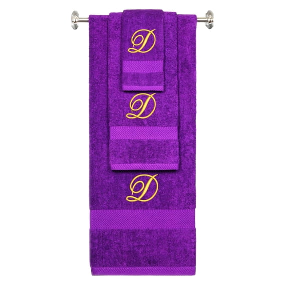 Personalized Embroidered Terry Cotton Ring Spun Bath Towel, Hand Towel And Washcloth Set - Purple Towel Set, Gold Fancy Script Initial D