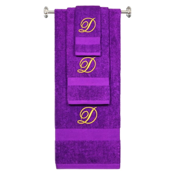 Personalized Embroidered Terry Cotton Ring Spun Bath Towel, Hand Towel And Washcloth Set - Purple Towel Set, Gold Fancy Script Initial D