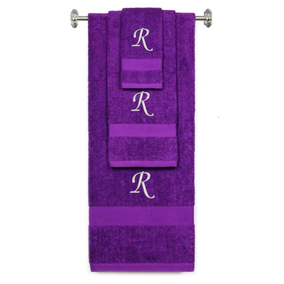Custom Embroidered Terry Cotton Ring Spun Bath Towel, Hand Towel And Washcloth Set - Purple Towel Set, Silver Chancery Initial R