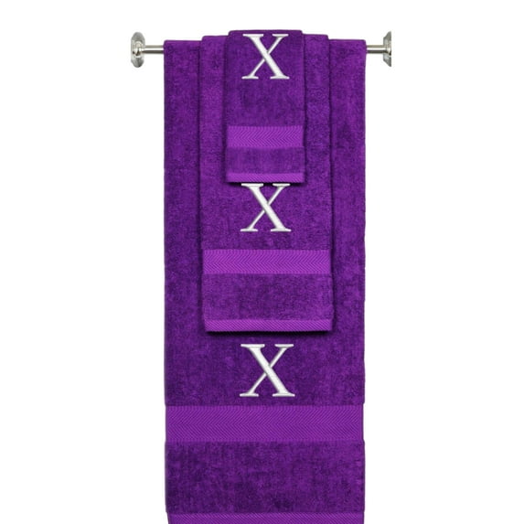 Custom Embroidered Terry Cotton Ring Spun Bath Towel, Hand Towel And Washcloth Set - Purple Towel Set, Silver Times New Roman Initial X