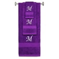 thumbnail image 1 of Custom Embroidered Terry Cotton Ring Spun Bath Towel, Hand Towel And Washcloth Set - Purple Towel Set, White Chancery Initial M, 1 of 1