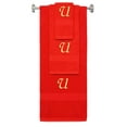 thumbnail image 1 of Custom Embroidered Terry Cotton Ring Spun Bath Towel, Hand Towel And Washcloth Set - Red Towel Set, Gold Chancery Initial U, 1 of 1