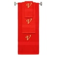 thumbnail image 1 of Custom Embroidered Terry Cotton Ring Spun Bath Towel, Hand Towel And Washcloth Set - Red Towel Set, Gold Chancery Initial V, 1 of 1