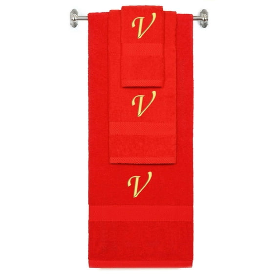 Custom Embroidered Terry Cotton Ring Spun Bath Towel, Hand Towel And Washcloth Set - Red Towel Set, Gold Chancery Initial V