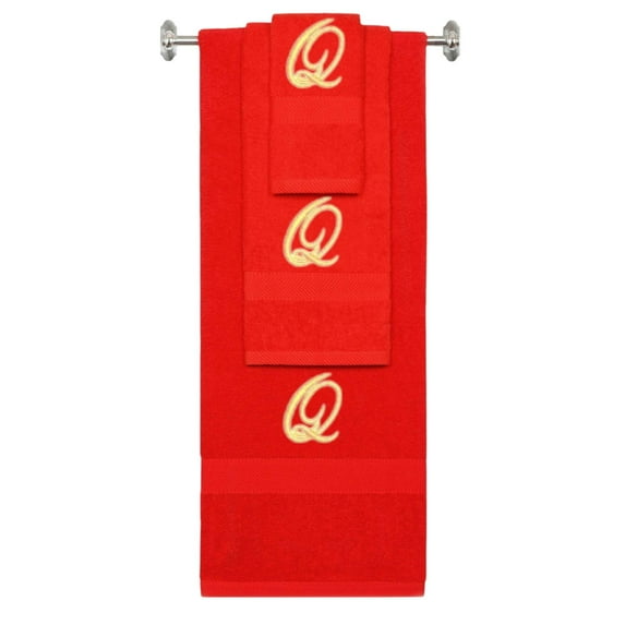 Custom Embroidered Terry Cotton Ring Spun Bath Towel, Hand Towel And Washcloth Set - Red Towel Set, Gold Fancy Script Initial Q