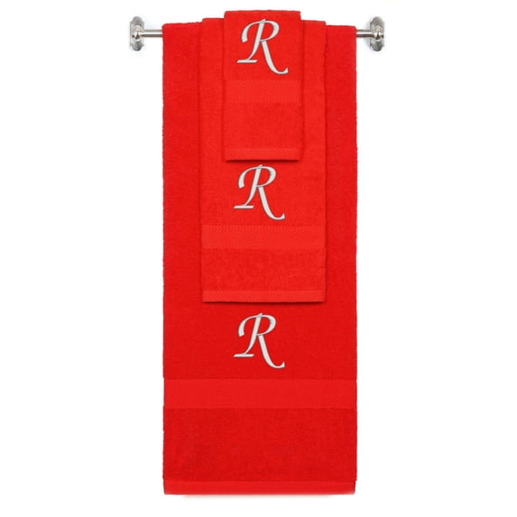 Custom Embroidered Terry Cotton Ring Spun Bath Towel, Hand Towel And Washcloth Set - Red Towel Set, Silver Chancery Initial R