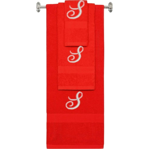 Personalized Embroidered Terry Cotton Ring Spun Bath Towel, Hand Towel And Washcloth Set - Red Towel Set, Silver Fancy Script Initial S