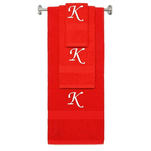 Custom Embroidered Terry Cotton Ring Spun Bath Towel, Hand Towel And Washcloth Set - Red Towel Set, White Chancery Initial K