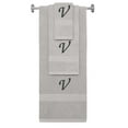 thumbnail image 1 of Custom Embroidered Terry Cotton Ring Spun Bath Towel, Hand Towel And Washcloth Set - Silver Grey Towel Set, Black Chancery Initial V, 1 of 4