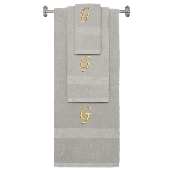 Custom Embroidered Terry Cotton Ring Spun Bath Towel, Hand Towel And Washcloth Set - Silver Grey Towel Set, Gold Chancery Initial G
