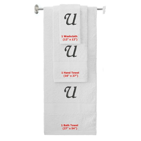 Custom Embroidered Terry Cotton Ring Spun Bath Towel, Hand Towel And Washcloth Set - White Towel Set, Black Chancery Initial U