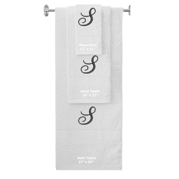 Custom Embroidered Terry Cotton Ring Spun Bath Towel, Hand Towel And Washcloth Set - White Towel Set, Black Fancy Script Initial S