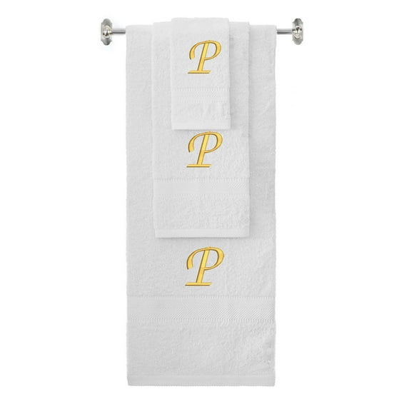 Custom Embroidered Terry Cotton Ring Spun Bath Towel, Hand Towel And Washcloth Set - White Towel Set, Gold Chancery Initial P