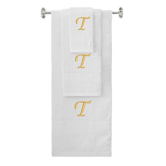 Custom Embroidered Terry Cotton Ring Spun Bath Towel, Hand Towel And Washcloth Set - White Towel Set, Gold Chancery Initial T