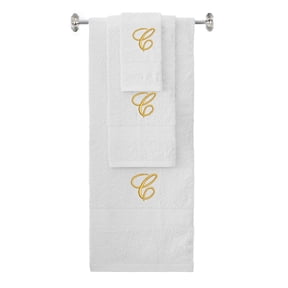 Custom Embroidered Terry Cotton Ring Spun Bath Towel, Hand Towel And Washcloth Set - White Towel Set, Gold Fancy Script Initial C