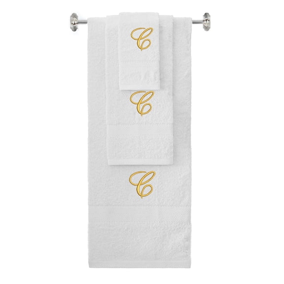 Custom Embroidered Terry Cotton Ring Spun Bath Towel, Hand Towel And Washcloth Set - White Towel Set, Gold Fancy Script Initial C