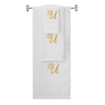 thumbnail image 1 of Custom Embroidered Terry Cotton Ring Spun Bath Towel, Hand Towel And Washcloth Set - White Towel Set, Gold Fancy Script Initial U, 1 of 4