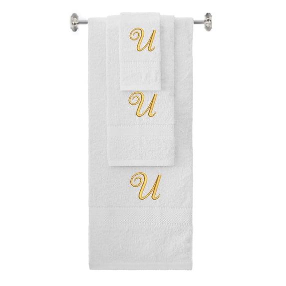 Custom Embroidered Terry Cotton Ring Spun Bath Towel, Hand Towel And Washcloth Set - White Towel Set, Gold Fancy Script Initial U