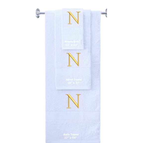 Custom Embroidered Terry Cotton Ring Spun Bath Towel, Hand Towel And Washcloth Set - White Towel Set, Gold Times New Roman Initial N