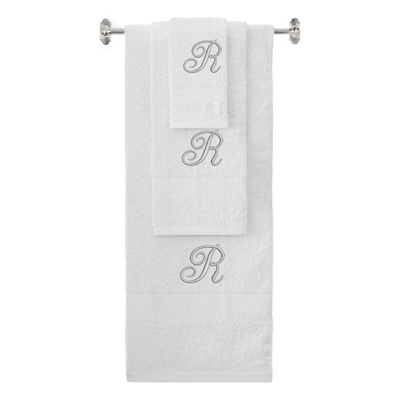 Custom Embroidered Terry Cotton Ring Spun Bath Towel, Hand Towel And Washcloth Set - White Towel Set, Silver Fancy Script Initial R