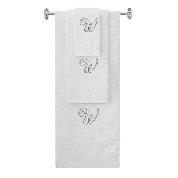 Custom Embroidered Terry Cotton Ring Spun Bath Towel, Hand Towel And Washcloth Set - White Towel Set, Silver Fancy Script Initial W