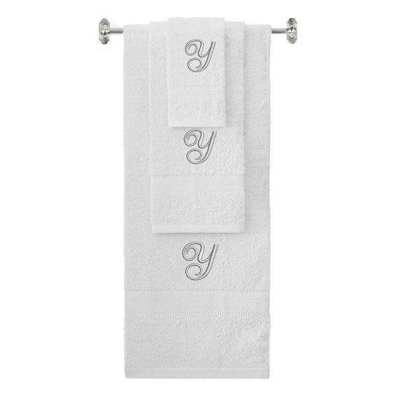 Custom Embroidered Terry Cotton Ring Spun Bath Towel, Hand Towel And Washcloth Set - White Towel Set, Silver Fancy Script Initial Y