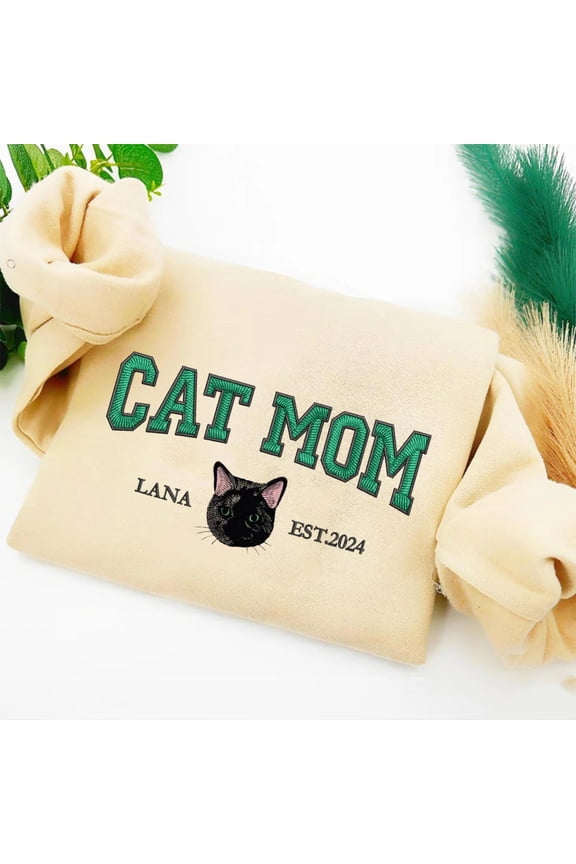 Custom Embroidered Varsity Cat Mom Sweatshirt, Custom Embroidered Sweatshirt