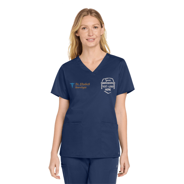 Custom Embroidered Women’s WorkFlex V-Neck Scrub Top – Add Your Name, Logo & Design (Navy, Medium)