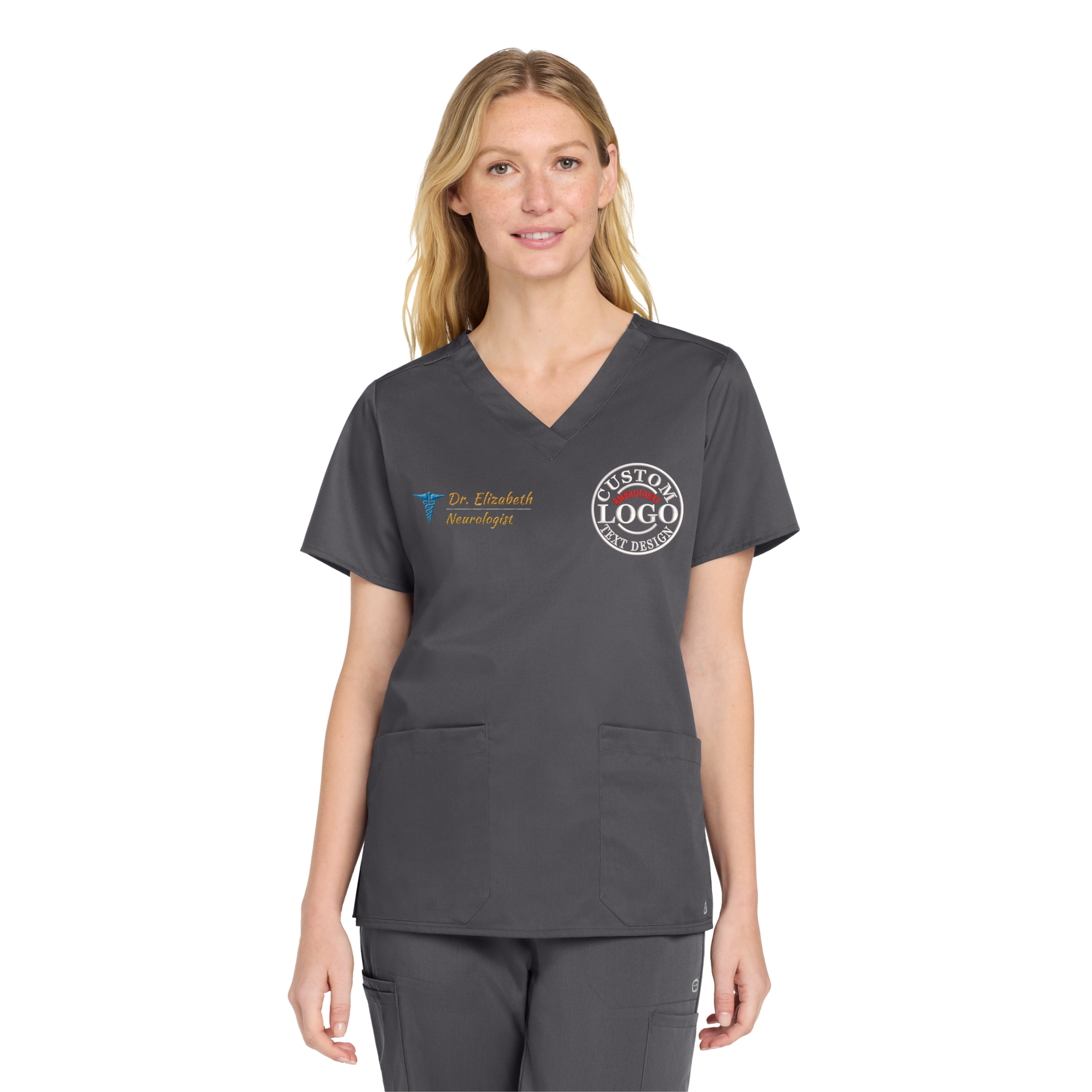 Custom Embroidered Women’s WorkFlex V-Neck Scrub Top – Add Your Name, Logo & Design (Pewter, 5X-Large)