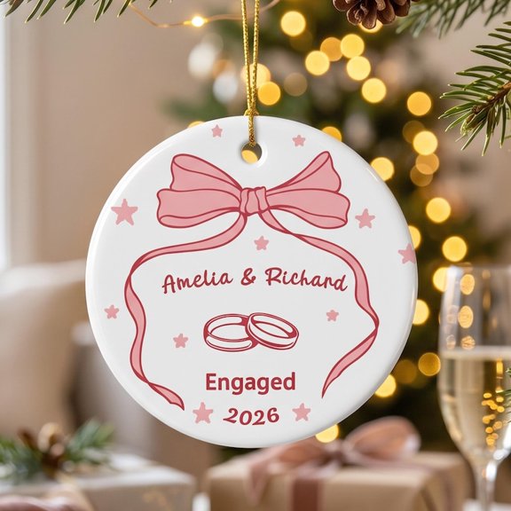 Custom Engaged Couple Ceramic Ornament with Personalized Names and Date, Proposal Keepsake, Holiday Tree Decoration and Wedding Gift for Partners
