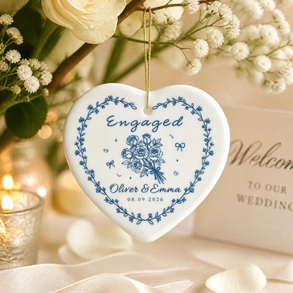Custom Engaged Couple Ceramic Ornament with Personalized Names and Date, Proposal Memento, Christmas Tree Decoration and Wedding Gift for Partners