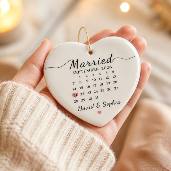 Custom Engaged Couple Ornament with Personalized Names and Date, Proposal Keepsake, Christmas Tree Decoration and Wedding Gift for Partners