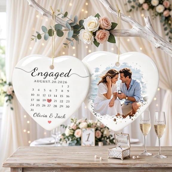 Custom Engaged Couple Ornament with Personalized Names and Date, Proposal Keepsake, Holiday Tree Decoration and Wedding Gift for Partners