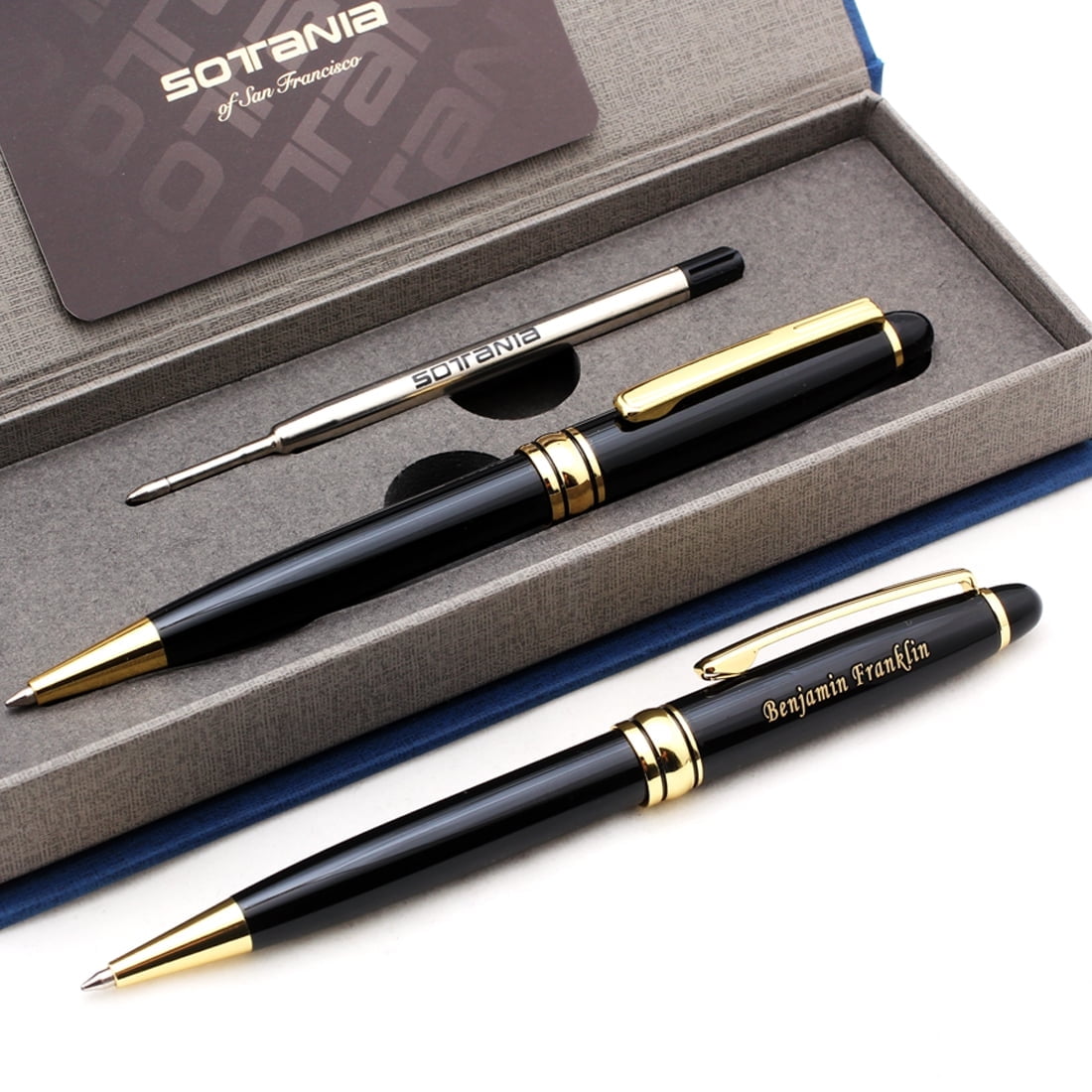 SOTANIA Custom Engraved Black Pen – Gold Trim with Refill & Gift Box