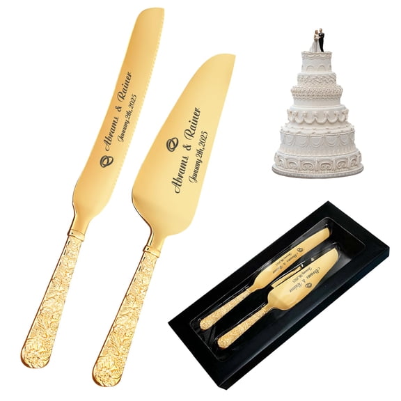 Custom Engraved Cake Knife and Server Set with Embossed Handle