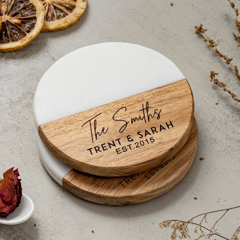 Personalized Marble & Wood Coasters - Custom Monogram Engraved, Wedding Or Housewarming Gift