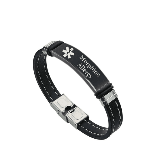 Custom Engraved Medical Alert Morphine Allergy Identification Silicone Wristband for Women Men, Personalized Disease Allergic Awareness Bracelet Emergency ID Bangle for Safety, with Aid Bag
