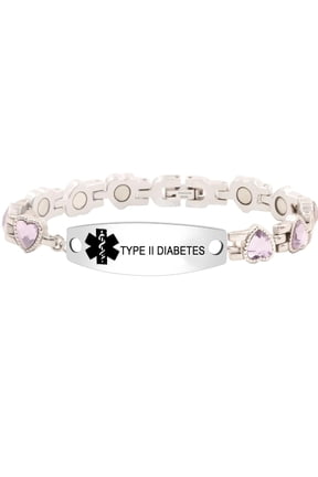 Custom Engraved Medical ID Bracelet | Stainless Steel Adjustable Heart Link with Blue/White/Multi/Purple Cubic Zirconia | Emergency Medical Alert Healthcare Accessory 17cm with Health Card