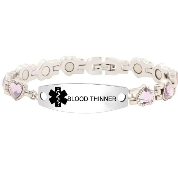 Custom Engraved Medical ID Bracelet | Stainless Steel Adjustable Heart Link with Blue/White/Multi/Purple Cubic Zirconia | Emergency Medical Alert Healthcare Accessory 17cm with Health Card